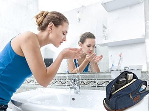 Seemeroad Travel Toiletry Bag for Men and Women, Canvas Toiletry Organizer Water-Resistant Vegan Leather, Hanging Dopp Kit Shaving Bag for Toiletries Accessories (Blue, Large) — view 6