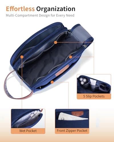 ECOHUB Wash Bag for Men, Water-Resistant Travel Toiletry Bag with Wet Pocket, Recycled Dopp Kit Shaving Bag Fit Full Size Toiletries, Wide-Open Dual Zipper Cosmetic Makeup Organizer Bag, Dark Blue — view 6
