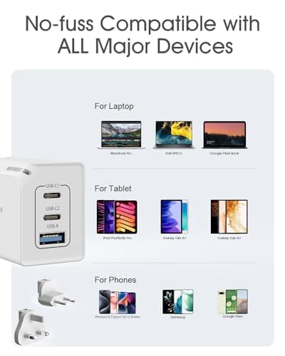 65W USB C Plug, Elexlinco GaN II Fast Charger, 3-Port USB C Charger Plug with UK, US, EU Travel Adapter, Compatible with MacBook Pro/Air, HP Laptops, iPad, iPhone 15/Pro/Max, Galaxy S24/S23 and More — view 6