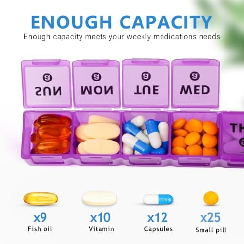2pack Weekly Pill Organiser, Pill Boxes 7 Day 2 Times a Day Large Pill Box Organiser 14 Day XL Medication Tablet Case for Travel Fish Oil Vitamin Holder(Purple-Green) — view 2