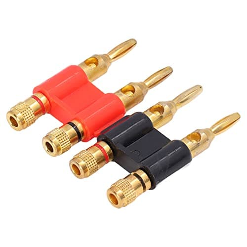 Aramox Dual Banana Plug Connector, Stackable Gold Plated Brass Speaker Wire Adapter for Home Audio Testing 12 to 18 AWG Standard 19mm Post Spacing Red Black 2pcs