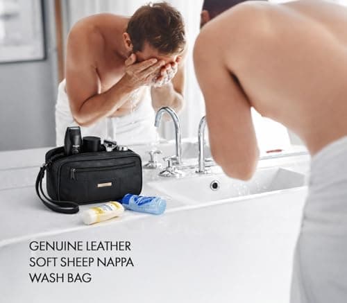 Woodland Leathers Mens Wash Bag, Small Compact Sheep Nappa Toiletry Bag with Top & Back Zips, Travel Small Washbag for Men Fit in Your Carry-on (Black Leather) — view 3