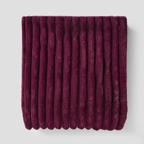 OHS Faux Ribbed Fleece Throw Blanket for Sofa, Soft Cosy Warm Winter Thick Fleece Blanket Over Bed Decorative Fluffy Single Bed Throws Gifts for Women Girls, Burgundy - 125 x 150cm — view 5