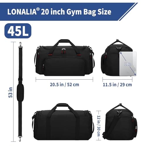 LONALIA 45L Sports Holdall Bags for Men, Gym Duffle Bag, Black — view 2