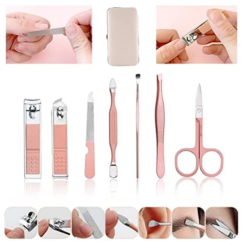 aRKé Manicure Set Nail Clippers Cutter Tweezers Eyebrow Scissors Professional Rose Gold Stainless Steel Manicure and Pedicure Tools Travel Size Nail Grooming Kit with Case for Women — view 3