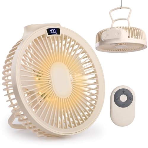 Hianjoo USB Desk Fan, Small Mini Table Fan with Remote Control, Quiet with Timer Function, Hanging Camping Fan with LED Light, 4 Speeds, Power Bank, LED Display, 4000mAh, Beige