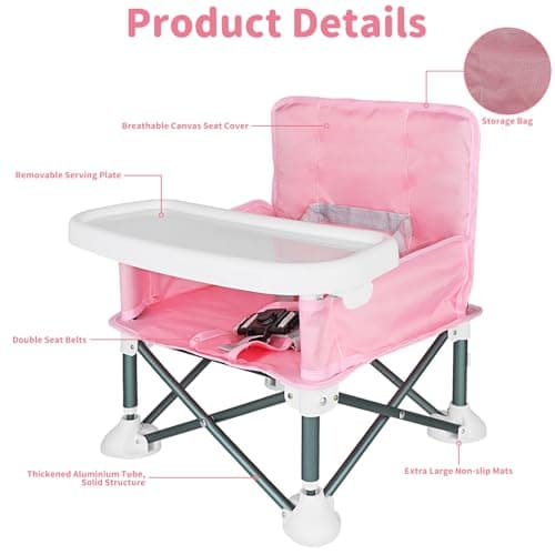 ICEBLUEOR Baby Camping Chair with Tray, Portable High Chair with Travel Bag, Baby Booster Seat Dining Chair, Foldable Travel High Chair, Feeding Chair for Babies and Toddlers (Pink) — view 3