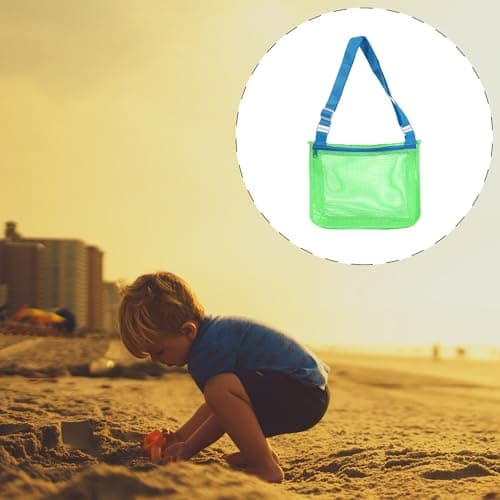 Tabanzhe Mesh Beach Bag,Adjustable Carrying Strap Shoulder Bag,Foldable Seashell Collecting Sand Bag,Swimming Pool Beach Accessories,for Seashell Toy Clothes Towels Collecting(Green Blue Band) — view 4