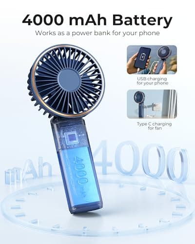 TUNISE Portable Handheld Fan 4000mAh Mini Fan 6 Speed LED Display 180° Adjustable Navy Blue — view 4