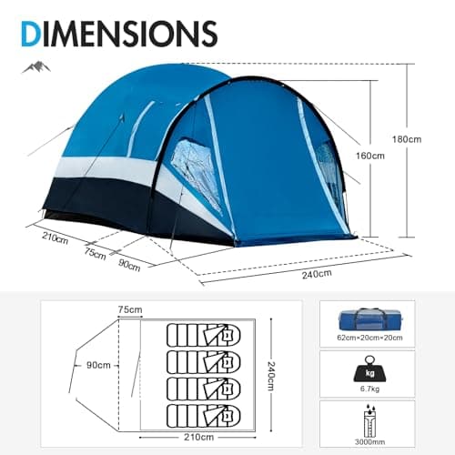 Portal 3-4 Man Tent with Porch 3000mm Waterproof 180cm Tall Standing Height Three-Four Persons Family Camping Tent with Living Area Sewn-in Groundsheet Tub Floor for Festival Bicycle Motorbike — view 5