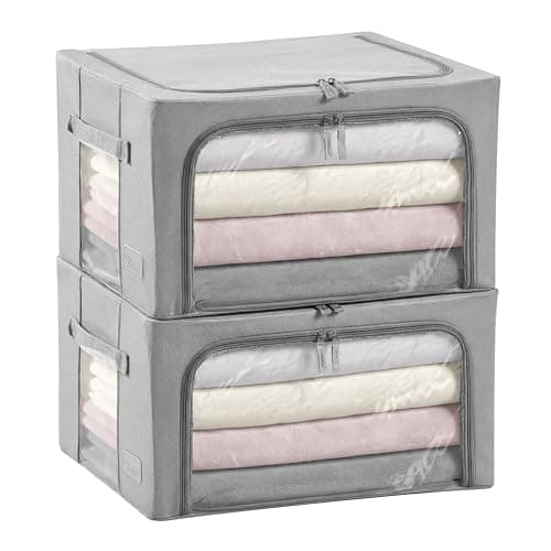 Periea Beau 2 Pack Storage Boxes 33L (40x33x25cm) – Collapsible Stackable Fabric Organisers Storage Bags with Steel Frame, Front Window & Top/Front Zip Access – (Grey)