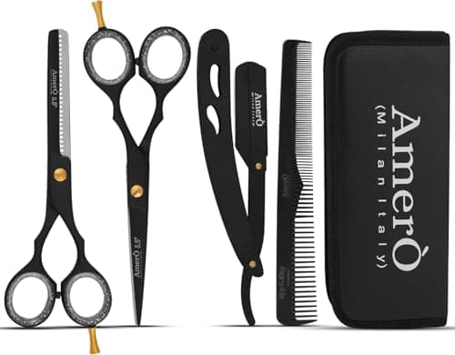 Professional Barber Kit with Leather Pouch – Includes Straight Razor, Hair Comb, 5.5" Barber Scissors & Thinning Razor – Portable Grooming Set for Haircutting, Styling & Shaving