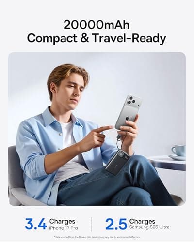Baseus FC11 Power Bank 45W 20000mAh Portable Charger with Dual Built-in Cable, CCC Small Power Bank With Smart Display, Retractable Cable, Battery Pack for iPhone 17/16, iPad, Laptop, Samsung, Pixel — view 5