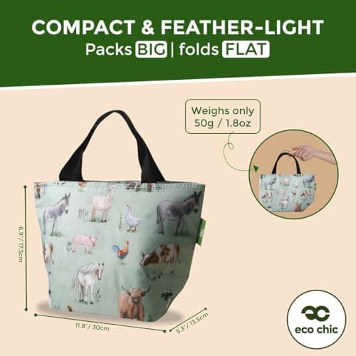 ECO CHIC Lightweight Foldable Insulated Lunch Bag Water Resistant Cooler Bag (Farm Animals Sage) — view 3