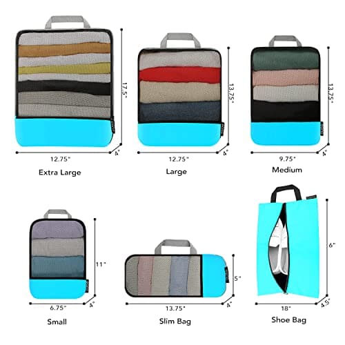 Eono Compression Packing Cubes, Luggage Organiser Set, Extensible Suitcase Organiser, Packing Organisers for Suitcases, Packing Cubes for Travel or Home Storage - Blue, 6 Set — view 2