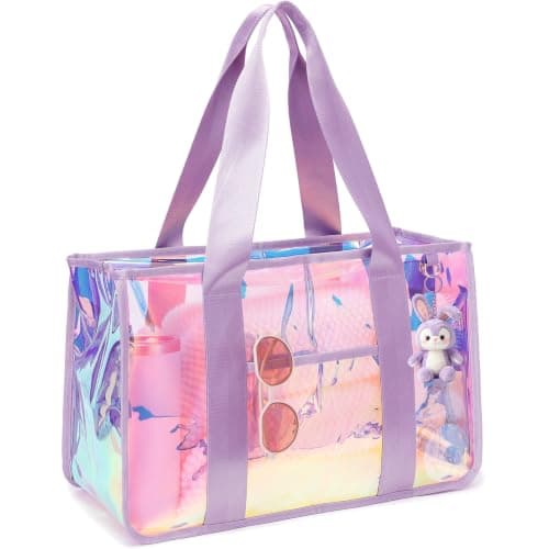 Fammart Iridescent Clear Beach Bags Waterproof Sandproof for Women, Large Jelly Tote Zipper Pool Bag Cruise Essentials 2026, Large - Iridesent Purple, L, Fashion