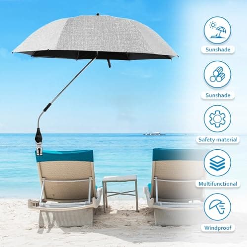 Jokapy Garden Umbrella Parasol Portable,Camping Chair Umbrellas Multifunctional Clip-on Beach Umbrella with Universal Clamp 360° Adjustable,Beach Chair Parasol Umbrellas for Wheelchair (Grey) — view 2