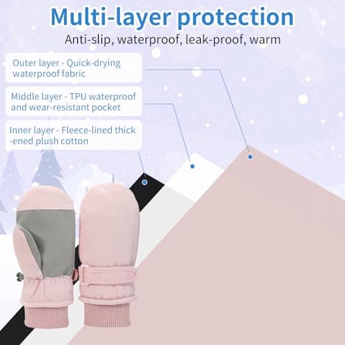 Fjquamitix Kids Winter Ski Mittens, Waterproof Mittens Kids, Warm Fleece Lined Toddler Ski Gloves Age 2-8 Boys Girls For Winter Outdoor (Pink, L) — view 5