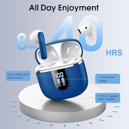 Wireless Earbuds, Bluetooth 5.4 Headphones In Ear with 3D Stereo Deep Bass, 4 ENC Noise Cancelling Mic, New Wireless Earphone with 40H Playtime, LED Display, IP7 Waterproof Bluetooth Earbuds, Blue — view 3