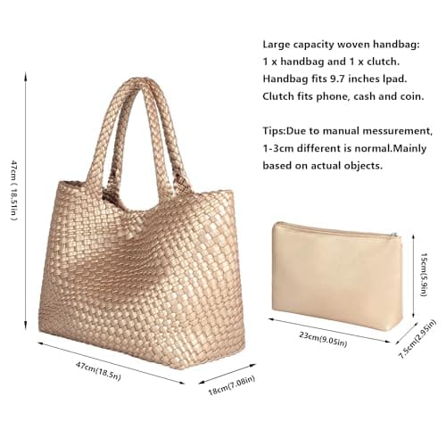 Queenoris Woven Bag for Women, Fashion Top Handle Shoulder Bag Vegan Leather Shopper, Golden — view 3