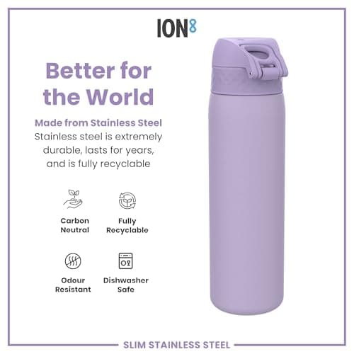 Ion8 Lightweight Steel Water Bottle, 600 ml/20 oz, Non-Insulated, Leak Proof, Easy to Open, Secure Lock, Dishwasher Safe, Flip Cover, Fits Cup Holders, Carry Handle, Metal Water Bottle, Light Purple — view 5