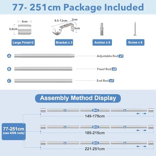 PeSenp Curtain Poles 77-240cm, 25mm Diameter Silver Extendable Curtain Pole — view 3