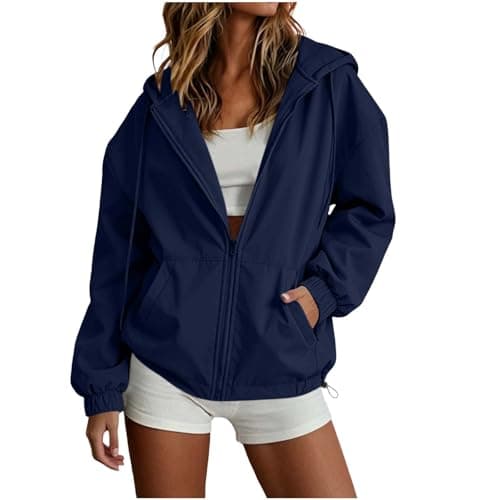 Flodxo Lightweight Waterproof Jacket for Women Travel Cycling Rain Coats - Zip Front, Long Sleeve Windbreaker Water-Resistant Hooded Jacket for Hiking Rainy Commute Camping Trips Walking Blue XL