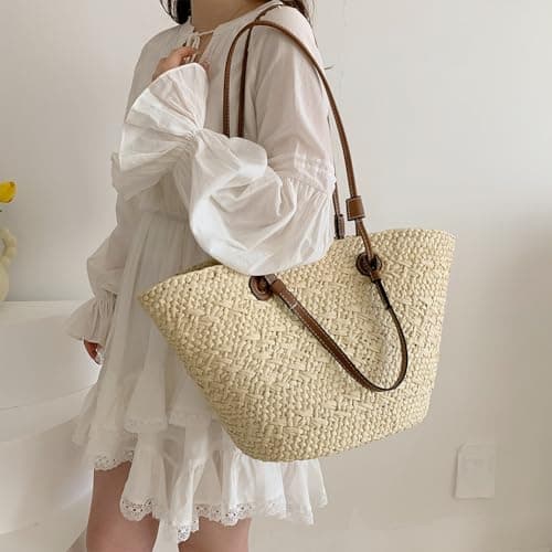 Fiorky Straw Tote Beach Bag Striped Shoulder Handbag Women Woven Tote Bag Fashion Shoulder Bag Large Capacity Summer Beach Bags Trendy Braided Bag Stylish Weaving Bag for Shopping Picnic — view 3