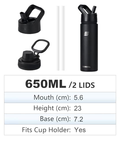 SUNWILL Metal Water Bottle with Straw Stainless Steel, 650ml Insulated Leakproof Thermal Flask for Cold and Hot Drink, Travel, Sports, Gym, Black — view 4