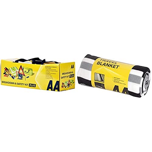 AA Vehicle Breakdown Safety Kit Plus AA5618 – Tyre Inflator, Warning Triangle, Tow Rope, Hi-Vis Vest, Torch, Glass Hammer, Booster Cables, Storage Bag & Travel Fleece Blanket