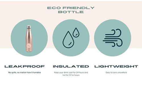Eco Friendly 500ml Insulated Water Bottle – Double Wall Insulated Stainless Steel Bottle for Hot and Cold Drinks – Leakproof Travel Water Bottle – BPA-Free Sweat-Proof Thermal Water Bottle – Rose Gold — view 2