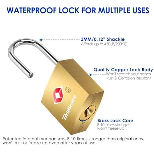 4 Pack TSA Approved Luggage Locks with Keys, Brass Travel Padlock, Solid Copper Waterproof Keyed Lock Unbreakable, Outdoor Metal Lock for Lockers, Bags, Backpack, Gym, Gate-Golden — view 6