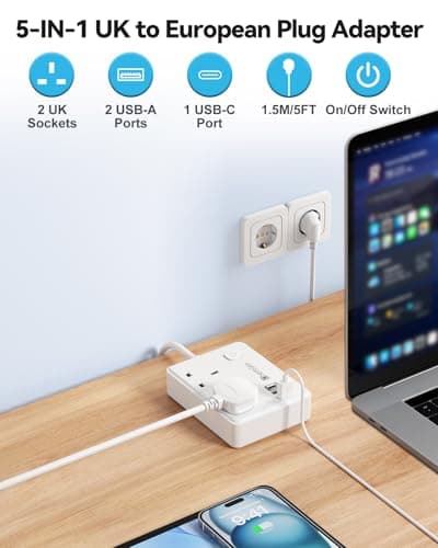 UK to European Plug Adapter 2 UK Outlets & 3 USB Ports — view 2