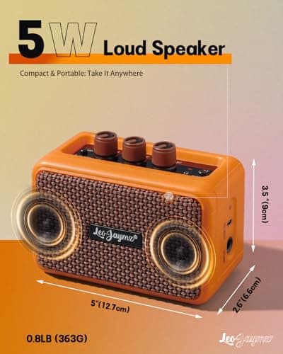 Leo Jaymz 5W Mini Guitar Amp, Portable BT Electric Guitar Amplifier, Dual Speaker Rechargeable, Clean & Overdrive Tone, Headphone Jack for Home Bedroom Travel Practice (Orange) — view 6
