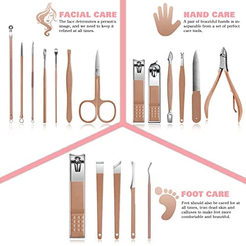 Manicure Set Professional Nail Clippers Kit Pedicure Care Tools with Zipped Bag for Women - 18 in 1 Grooming Tools Kit for Travel & Home（Rose Gold） — view 3