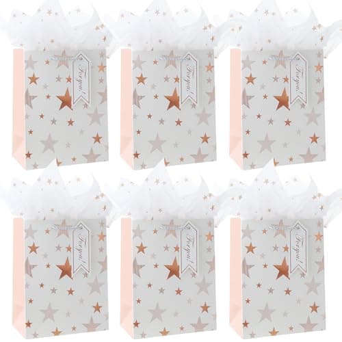 6Pack Medium Gift Bags with Tissue Paper,Rose Gold,18×23×10CM