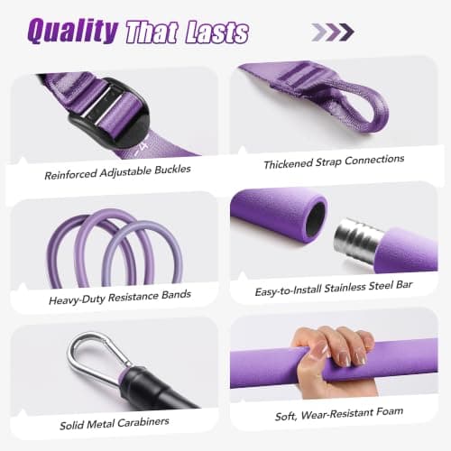 ALongSong Pilates Equipment Pilates Reformer Bar Set With 6 Elastic Resistance Bands 20-180LBS & Door Anchor for Full-Body Fitness Toning & Muscle Building | Home Workout/Gym/Travel-Purple — view 6