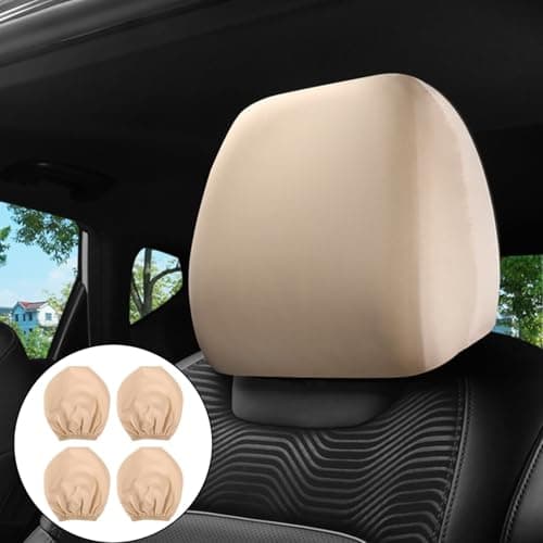 Alanmoship 4-Pack Elastic Car Headrest Protector Covers Soft Breathable Fabric Common Fit For Truck SUV Seats Neck Support Travel Comfort Beige 24X26cm — view 4