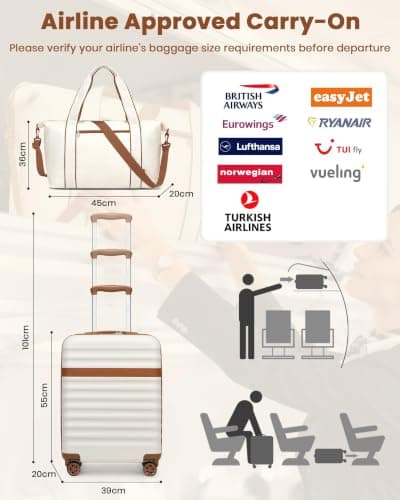 Kono Luggage Sets 3 Piece, Lightweight Cabin Suitcase Hard Shell ABS+PC Carry On Case with TSA Lock 4 Spinner Wheels, 20 Inch Trolley with Duffels Bag & Toiletry Bag Travel Set (Cream) — view 2