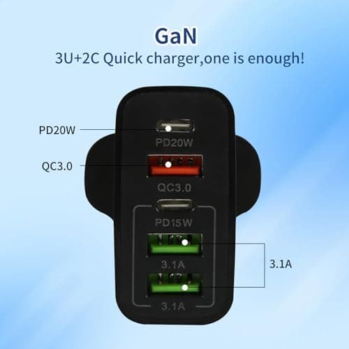 USB Plug Charger, 65W 5-Port Multi Charging Power Adapter with PD 20W Power Adapter QC 3.0 Fast Charging Plug for iPhone Samsung Galaxy, Huawei, Tablet (Black) — view 3