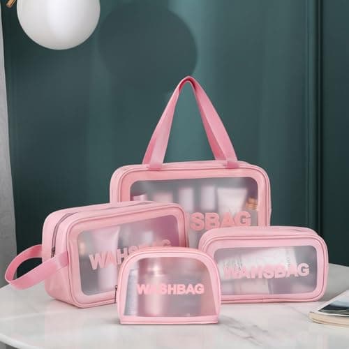 Aucuu 4PCS Clear Toiletry Bag, Wash Bag, Clear PU Makeup Bag, Waterproof Toiletry Travel Bag with Zipper Handle, Portable Airport Cosmetic Bag for Travel Bathroom Men Women (Pink) — view 4