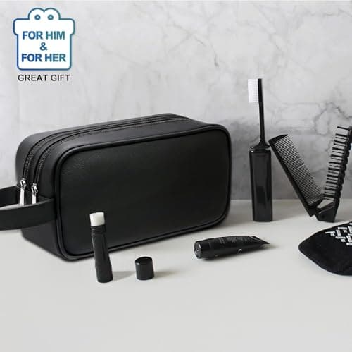 ABCHCHS Travel Toiletry Bag for Men and Women - PU Leather Makeup Cosmetic Bag - Organizer for Toiletries Accessories - Waterproof Shaving Dopp Kit Case - Multifunction Packing Organizer Pouch（Black — view 3