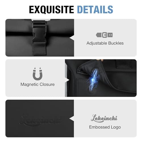 Lekeinchi Rolltop Backpack for Men and Women, Elegant Laptop Backpack, Waterproof with 17 Inch Laptop Compartment, Large Travel Backpack, Daypack, School Backpack for Travel, University (Black) — view 5