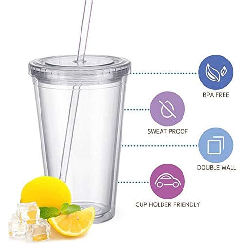 Clear Insulated Plastic Coffee Cup with Lid and Straw Double Wall Tumbler Reusable Travel Mug for Hot Cold Drinks Leakproof Spill Proof Lightweight Beverage Container — view 4