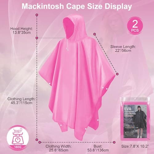 Czyan 2 Pack Rain Ponchos for Adults Reusable,Thickened Portable EVA Waterproof Raincoats Survival Emergency Lightweight Duty Rain Coat with Drawstring Hood for Hiking Camping Fishing & Travel - Pink — view 6
