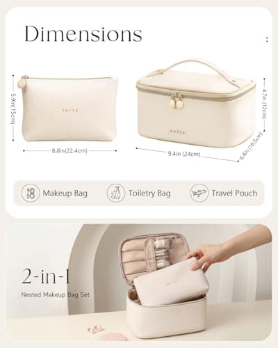Prite Makeup Bag Toiletry Case for Women with Brush Holder, Beige, 2Pcs Set — view 2