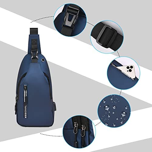 Aucuu Shoulder Bags Chest Bags, Usb Rechargeable Sling Bags, Crossbody Daypacks Small Backpacks, Anti-theft Waterproof Lightweight One Strap Rucksack Messenger Bags for Hiking, (Blue) — view 4