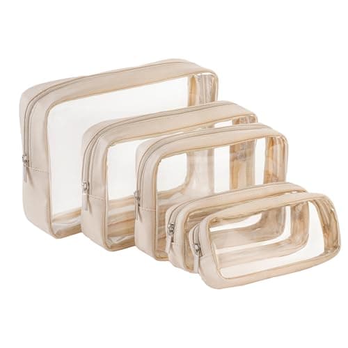 Remobia Hicol TSA Approved 5-Piece Diaper Bag Organizer Pouch Set Clear Waterproof TPU Kids Toiletry Storage Set Travel Packing Clutch Cube Bags for Baby Nursing, Cream Leather, Cute