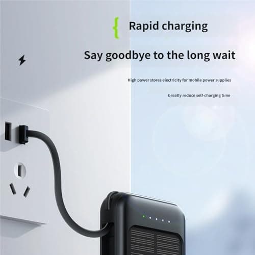 Solar Power Bank 10000mAh, Portable Charger with Built-in Cables, USB-C, Micro USB, and Lightning Compatible, Black — view 4