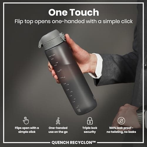 ION8 1 Litre Water Bottle, Leak Proof, Flip Lid, Carry Handle, Rapid Hydration, Dishwasher Safe, BPA Free, Contoured Grip, Ideal for Travel, Gym & Activity, Carbon Neutral Recyclon, 32 oz, Grey — view 3